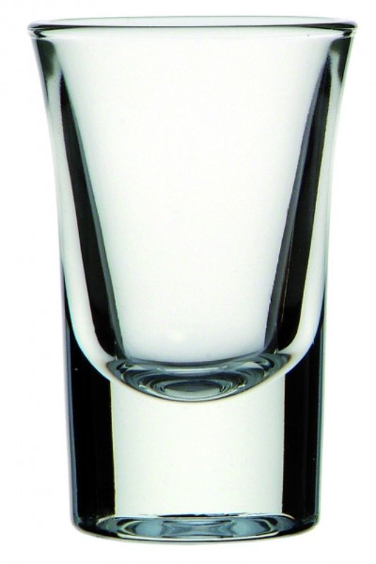 Set of 6 Bormioli Rocco Dublino shot glasses, 34ml, with sturdy base and flared rim, perfect for spirits and cocktails.