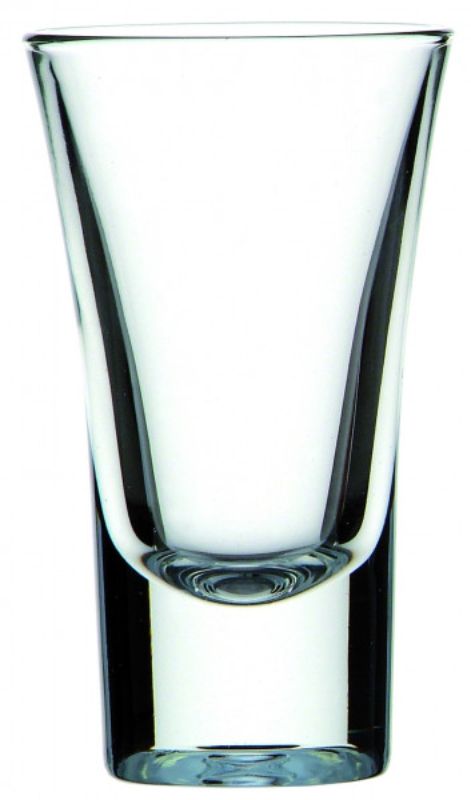 Set of 6 Bormioli Rocco Dublino shot glasses (57ml) with chunky bases and flared rims, perfect for enjoying spirits in style.