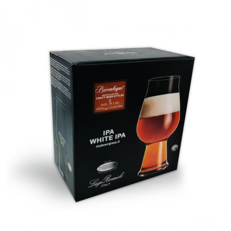 Elegant set of 6 Luigi Bormioli Birrateque IPA glasses, designed to enhance craft beer aromas and flavors, made from durable crystal.