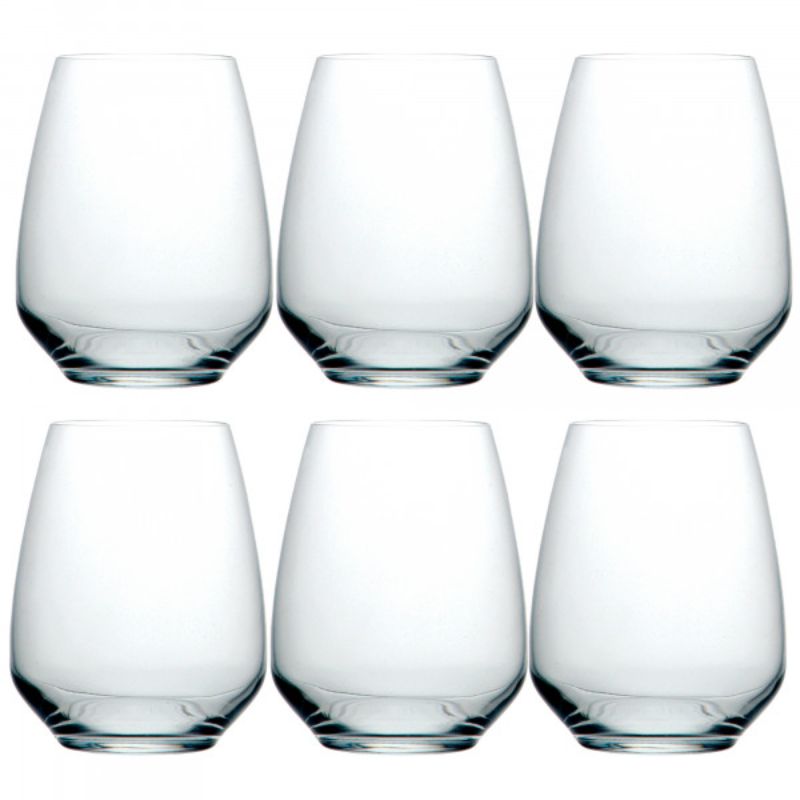 Elegant Luigi Bormioli Atelier stemless Cabernet glasses, 670ml, set of 6, crafted from lead-free crystal for brilliance and durability.