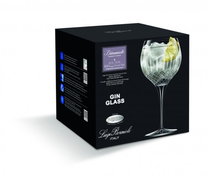 Elegant set of 4 Luigi Bormioli Diamante Gin Glasses, 650ml, made from lead-free crystal with large balloon bowls for cocktails.