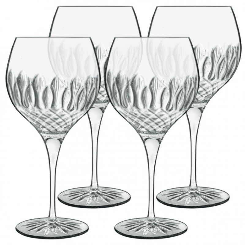 Set of 4 Luigi Bormioli Diamante gin glasses, 650ml, crafted from lead-free crystal with elegant balloon design for cocktails.