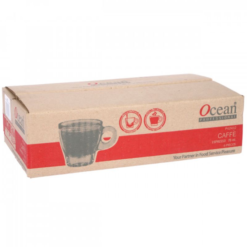Set of 6 Ocean Premio 70ml espresso glasses with curved design for enhanced aroma and crema, ideal for coffee lovers.
