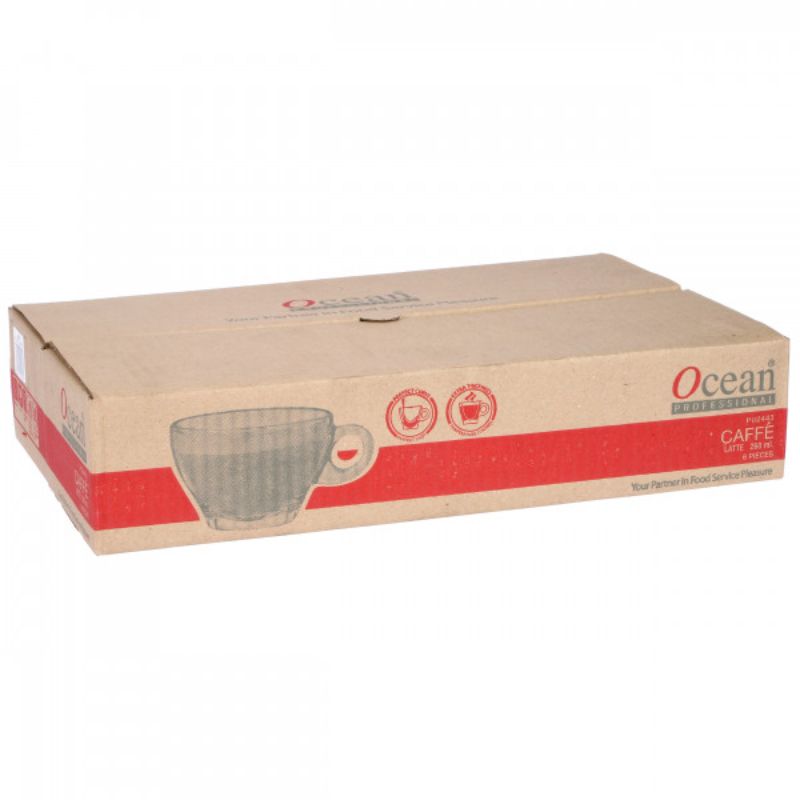 Set of 6 elegant 260ml latte glasses with a unique curve for enhanced coffee flow and heat retention.