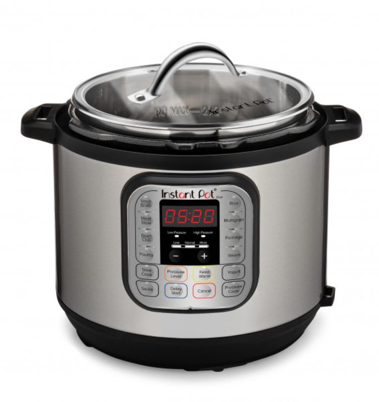 Tempered glass lid for 3L Instant Pot with stainless steel rim, steam vent, ideal for sautéing and slow cooking.