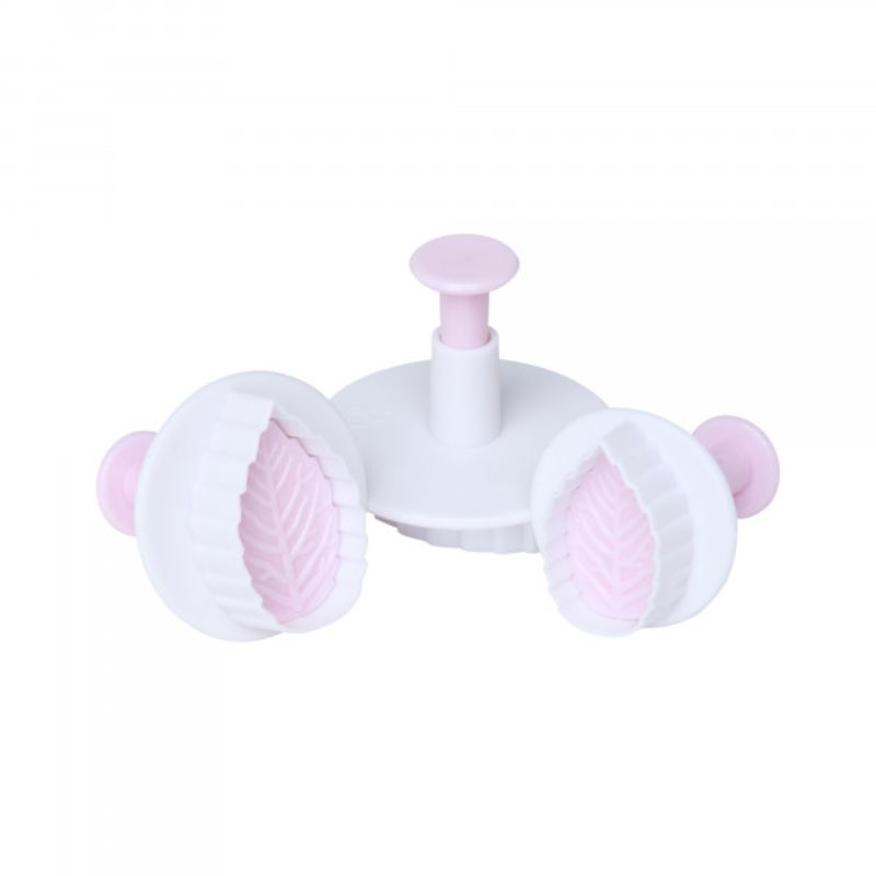 Image of the Wiltshire Leaf Cutter & Pusher set featuring three sizes for crafting realistic fondant leaves, ideal for cake design.