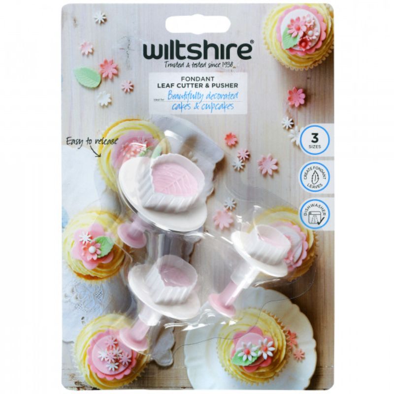 Wiltshire Leaf Cutter & Pusher set with 3 sizes for creating lifelike fondant leaves, made from durable, dishwasher-safe plastic.