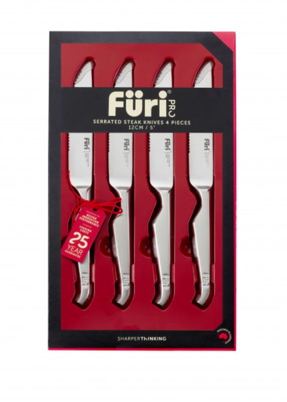 Furi Serrated Steak Knives set features 12cm stainless steel blades and ergonomic handles for precise and comfortable cutting.