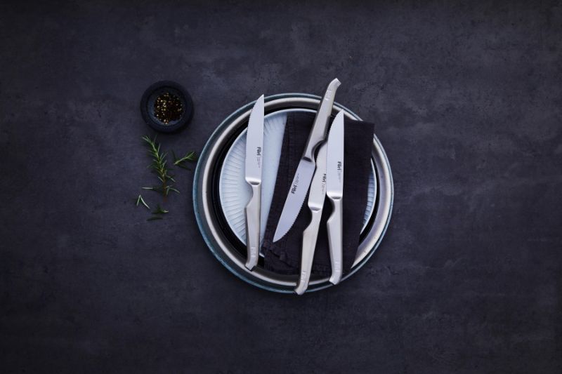 Furi Serrated Steak Knives set features 12cm Japanese stainless steel blades with ergonomic handles for precise slicing.