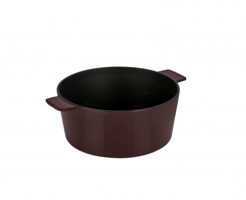 Stanley Rogers 24cm Cast Iron French Oven in Bordeaux, featuring enamel finish, grill lid, and ergonomic handles for versatile cooking.