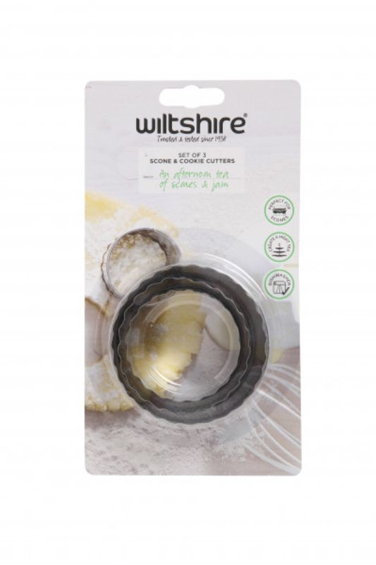 Stainless steel scone and cookie cutters set of three, featuring a crimped edge for professional-looking baked goods.