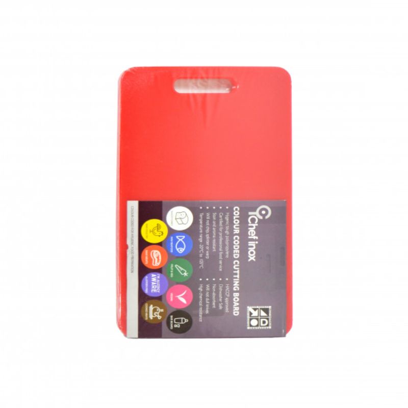 Red polypropylene cutting board by Chef Inox, HACCP certified, for safe, hygienic food prep; durable, stain-resistant, and dishwasher safe.