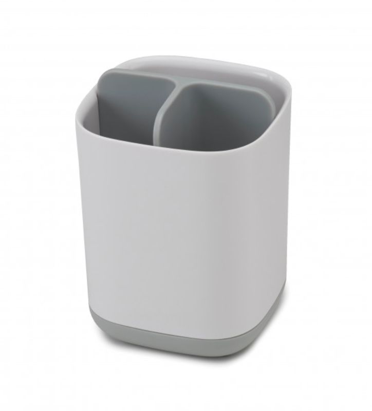 Joseph Joseph EasyStore Toothbrush Caddy in Grey/White, with three sections for organized oral care storage and easy cleaning.