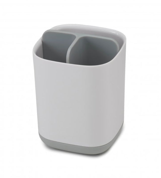 Joseph Joseph EasyStore Toothbrush Caddy in Grey/White, with three sections for organized oral care storage and easy cleaning.