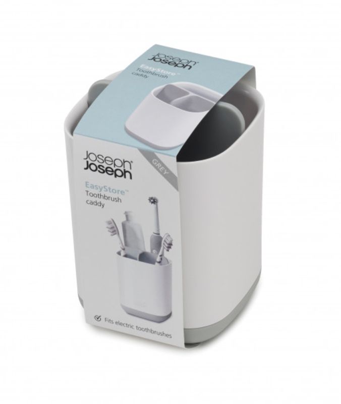Sleek gray and white toothbrush caddy with three sections for organized storage, quick drying, and easy cleaning features.