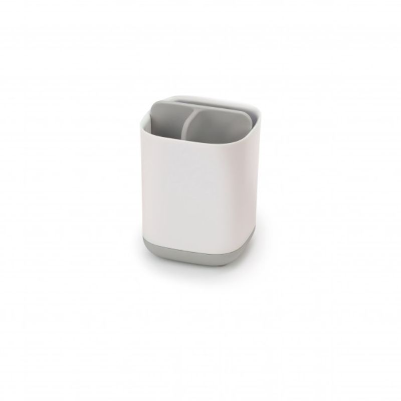 Grey and white Joseph Joseph EasyStore Toothbrush Caddy with three sections, ventilated design, and non-slip feet for organized storage.