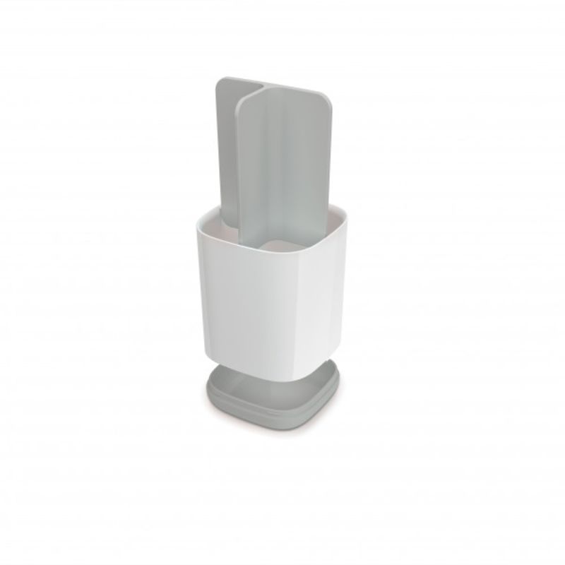 Joseph Joseph EasyStore Toothbrush Caddy in grey/white with three compartments for organized oral care, featuring easy cleaning and ventilated design.