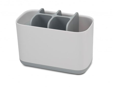 Large stainless-steel toothbrush caddy with multiple sections for organized oral care essentials and quick-drying design.