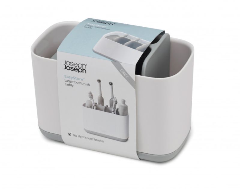 Large stainless-steel toothbrush caddy with multiple compartments for organized oral care storage and quick drying.