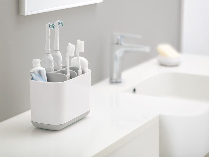 Joseph Joseph Easystore Toothbrush Caddy Lrg with stainless-steel finish, multiple compartments, and ventilated design for bathroom organization.