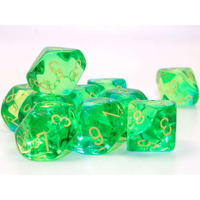 CHX 26266 Gemini Translucent Green-Teal/yellow Set of 10 d10s