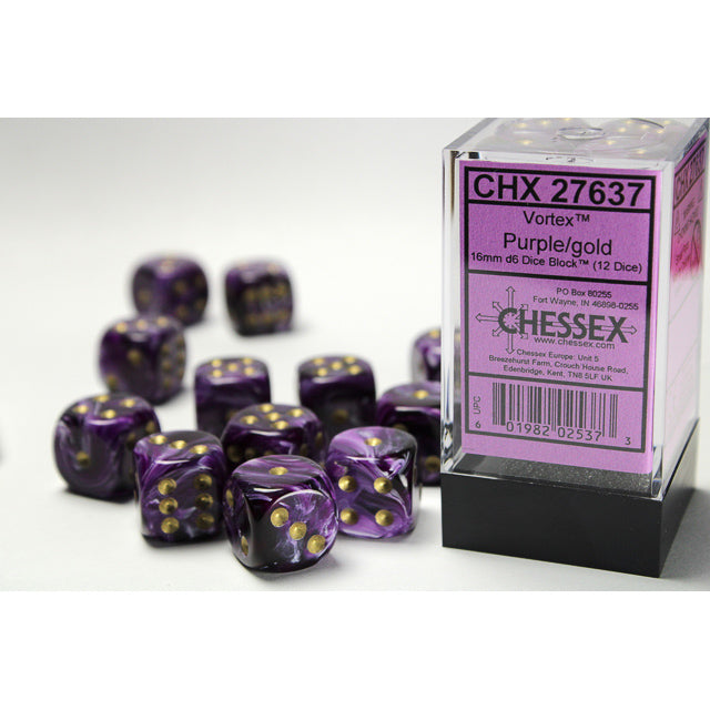 CHX 27637 Vortex Purple/gold 16mm d6 Dice Block (12 dice)