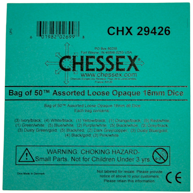 CHX 29426 Bag of 50 Assorted Loose Opaque 16mm d6 Dice - Gaming Accessory