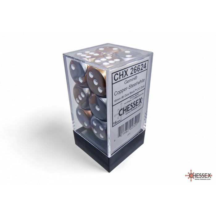 CHX 26624 Gemini Copper-Steel/white 16mm d6 Dice Block (12 dice)