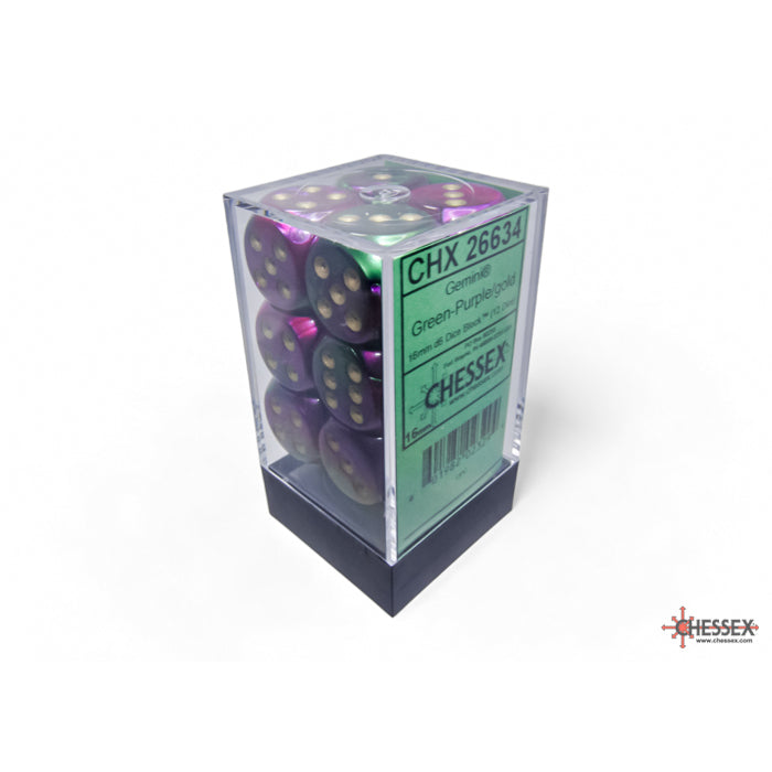 CHX 26634 Gemini Green-Purple/gold 16mm d6 Dice Block (12 dice)