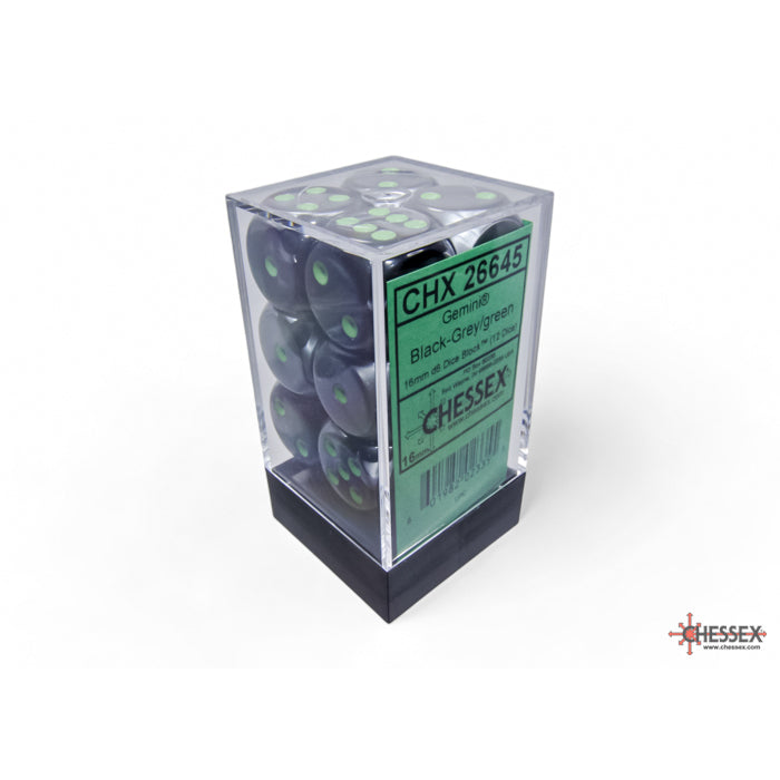 CHX 26645 Gemini Black-Grey/green 16mm d6 Dice Block (12 dice)