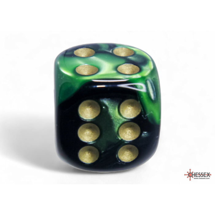 CHX 26639 Gemini Black-Green/gold 16mm d6 Dice Block (12 dice)