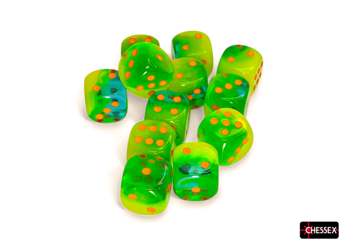 CHX 26670 Gemini Plasma Green-Teal/orange Luminary 16mm d6 Dice Block (12 dice)