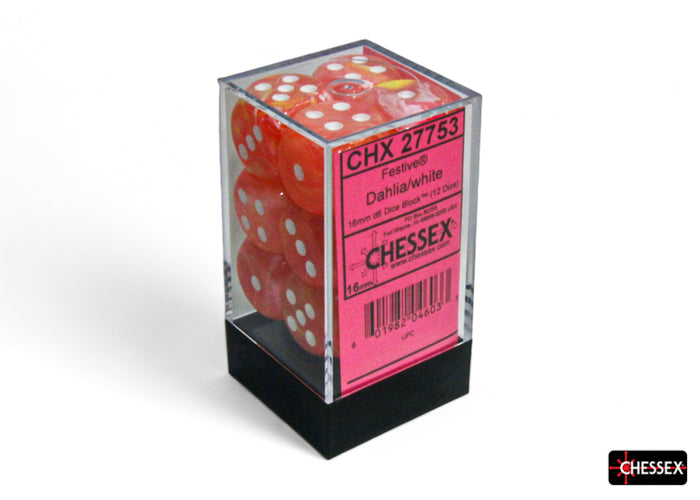 CHX 27753 Festive Dahlia/white 16mm d6 Dice Block (12 dice)