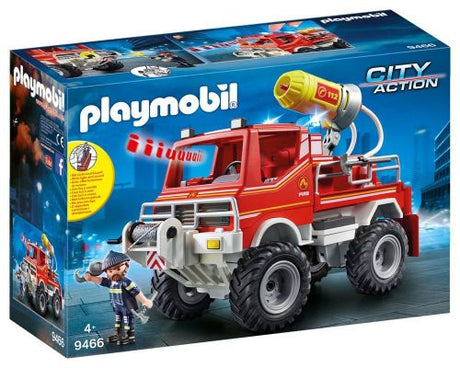 Playmobil Fire Truck with winch, foam cannon, lights, and sounds; combines with water pump for realistic firefighting fun.