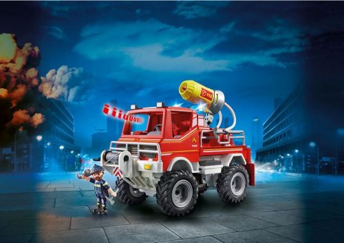 Playmobil Fire Truck with winch, foam cannon, and lights/sound; compatible with water pump for realistic fire-fighting play.