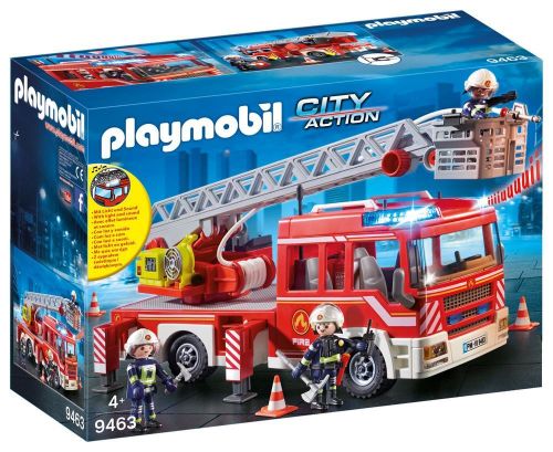 Remote-controlled fire ladder unit with extendable ladder, lights, sounds, and space for four figures.