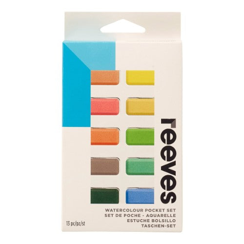 Reeves 12-color pocket watercolour set in a metal tin, perfect for vibrant, portable painting adventures.