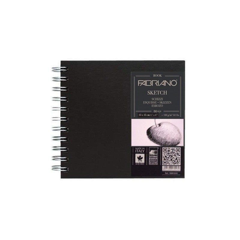 Fabriano A5p Spiral Sketchbook with 80 sheets of acid-free 110gsm paper and durable black cover, ideal for various art mediums.