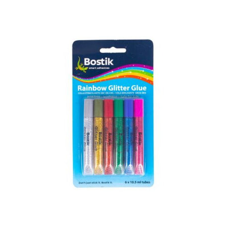 Pack of 6 Bostik Glitter Glue tubes (10ml each) in vibrant colors, perfect for arts and crafts projects.