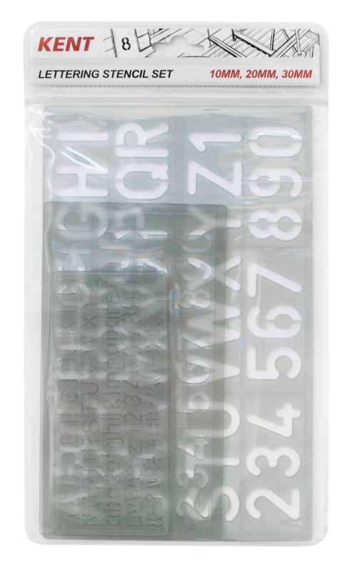 Kent Lettering Stencil Set showcasing 10mm, 20mm, and 30mm sizes, ideal for precision tracing in various crafting projects.