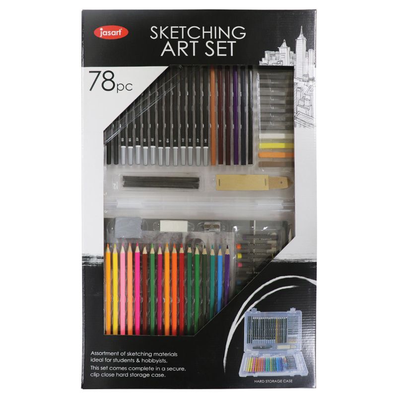 Jasart Sketching 78 Piece Set featuring graphite pencils, colored pencils, oil pastels, and more for versatile art creation.