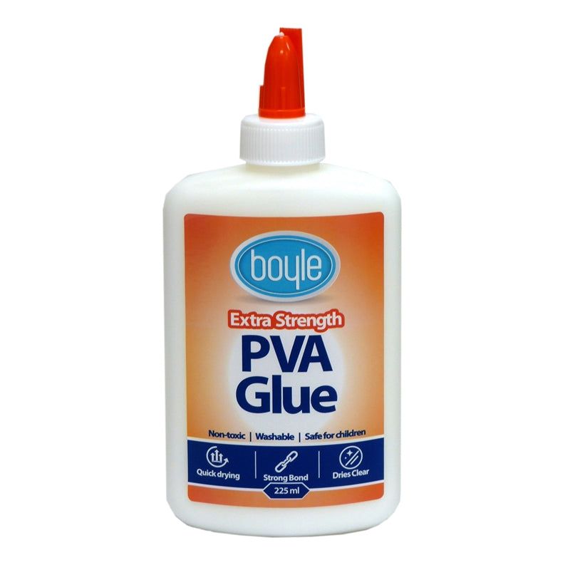 Bottle of Boyle Extra Strength PVA Glue (225ml) for strong, versatile bonding of paper, wood, fabric, and more.