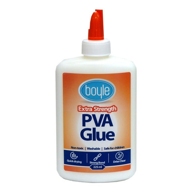 Bottle of Boyle Extra Strength PVA Glue (225ml) for strong, versatile bonding of paper, wood, fabric, and more.