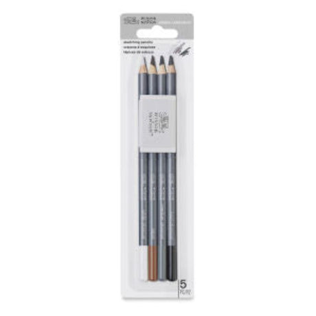 Winsor & Newton Studio Sketching Pencil set with eraser, featuring White Charcoal, Sepia, and Medium/Hard Charcoal pencils.