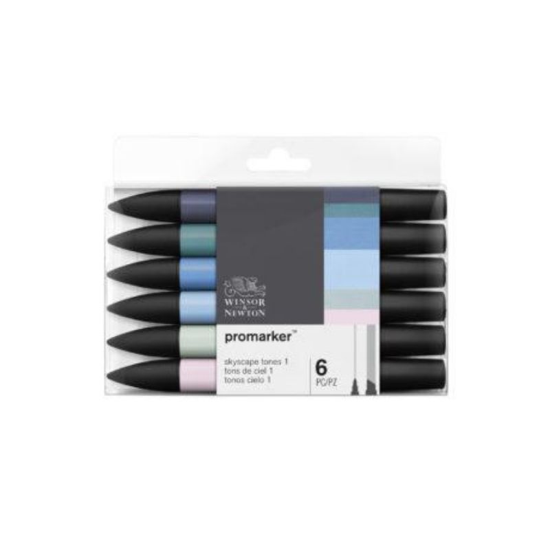 Set of 6 Winsor & Newton Promarkers featuring nature-inspired colors for blending and illustrating serene landscapes.