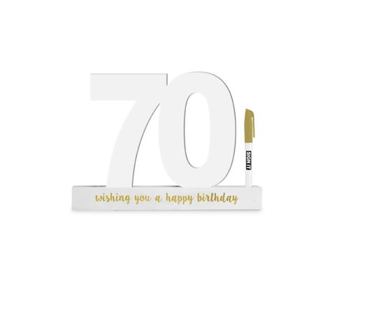 Elegant 70th birthday sign in white with gold pen for heartfelt guest messages, a cherished keepsake for the celebration.