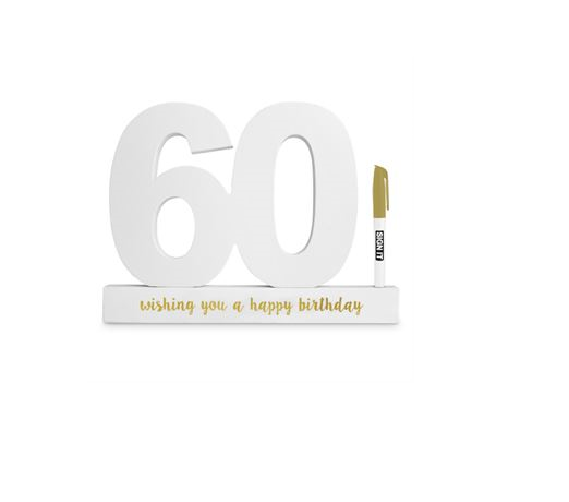 Elegant white 60th birthday sign with a luxurious gold pen for guests to leave heartfelt messages and memories.