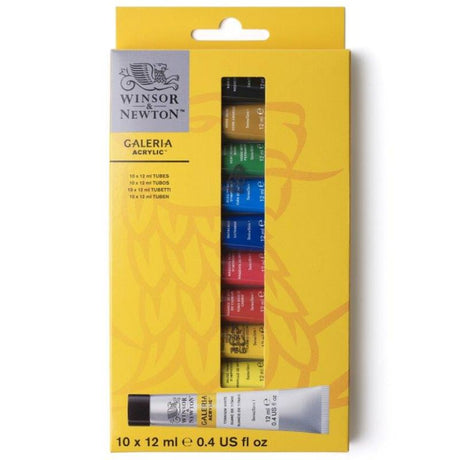 Winsor & Newton Galeria Acrylic set of 10 vibrant 12ml paint tubes, ideal for artists seeking quality, blending, and lightfastness.