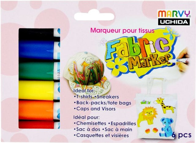 Vibrant Marvy Fabric Marker Conic Set of 6, designed for detailed and broad strokes on fabric with non-toxic, wash-resistant ink.