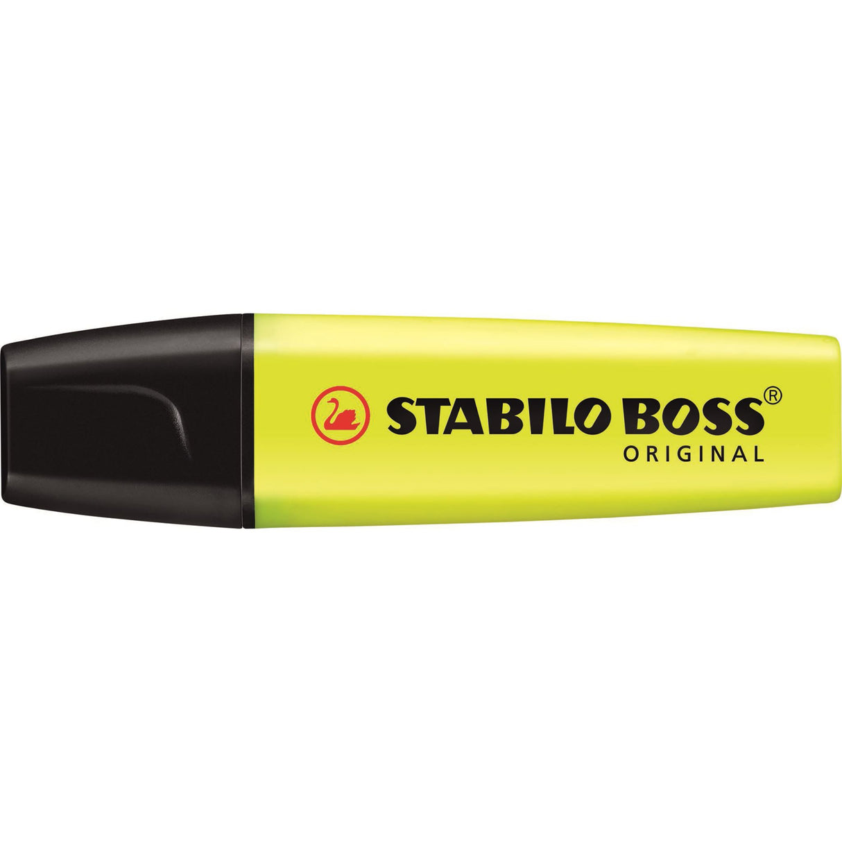 Stabilo Boss Yellow Box 10 highlighters, featuring chisel tips for dual widths and vibrant colors, ideal for precise highlighting.